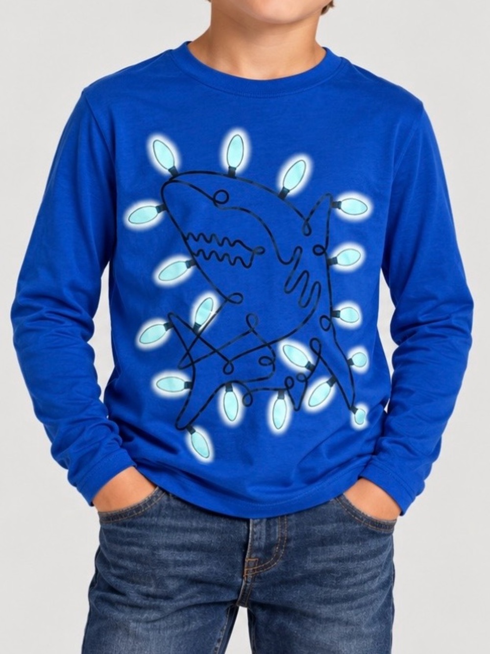 GAP Boy’s Royal Blue Long-Sleeve Shark Holiday Tee with Light Bulb Graphic